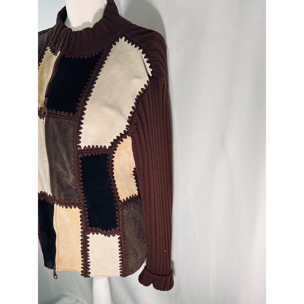 Vintage Patchwork Suede Knit Full Zip Jacket Brown Tan Mock Neck Boho Large - Picture 6 of 11